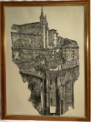 R. Bucci, woodcut, Veduta d'Urbino, 1971, pencil signed and inscribed xilografia, 94cm x 68cm, maple