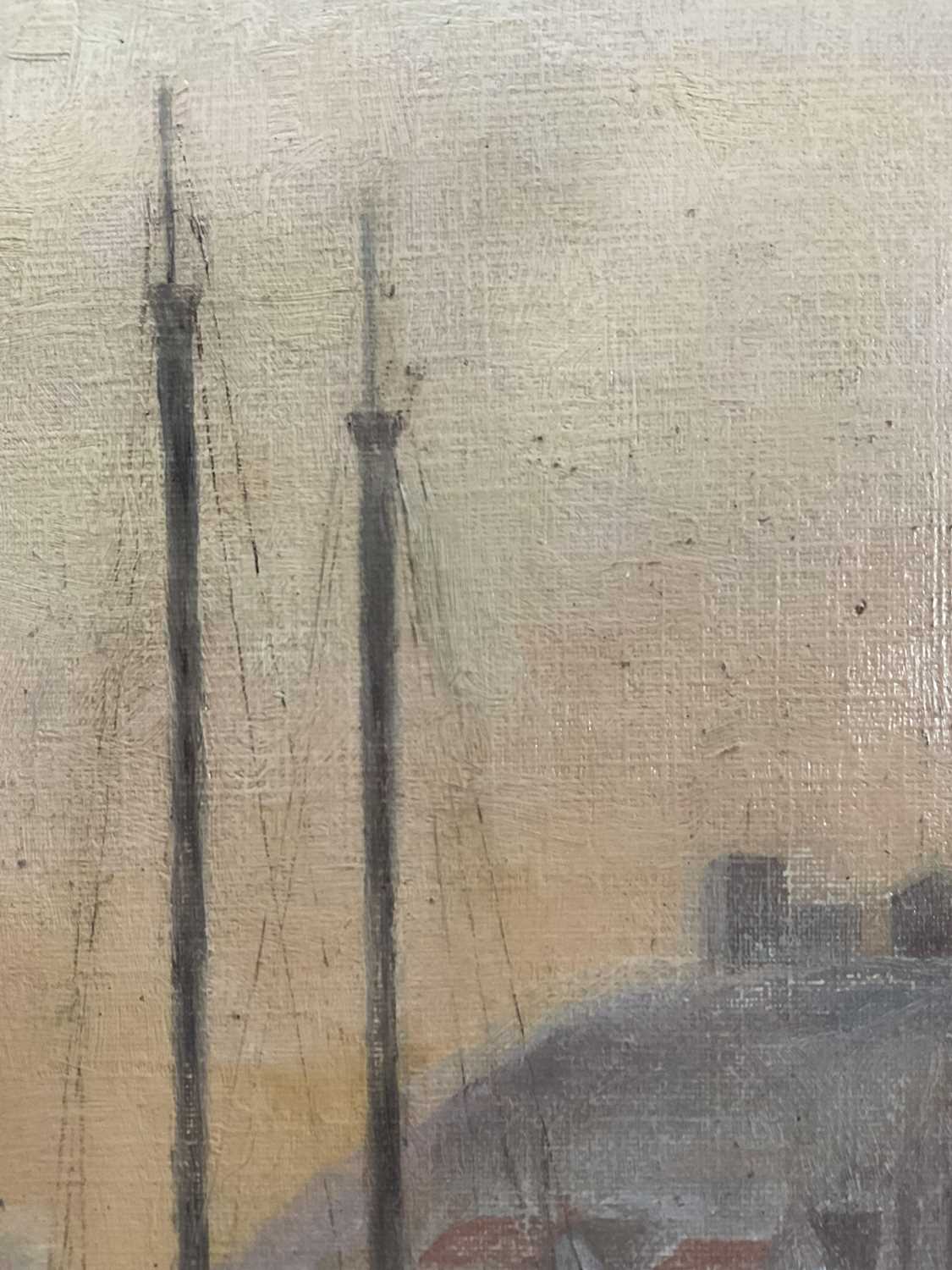 English School oil on board, harbour scene, 34.5cm x 16.5cm, framed - Image 4 of 5