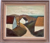 Mid-century Swedish oil on canvas, coastal houses, signed with initials J.B. (possibly Jörgen Bruun)