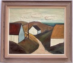 Mid-century Swedish oil on canvas, coastal houses, signed with initials J.B. (possibly Jörgen Bruun)