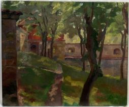 Continental school, oil on canvas, shaded gardens and buildings, signed indistinctly lower right, 48