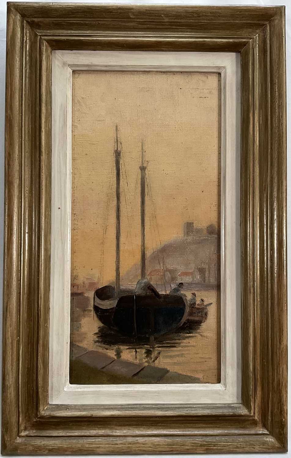 English School oil on board, harbour scene, 34.5cm x 16.5cm, framed