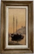 English School oil on board, harbour scene, 34.5cm x 16.5cm, framed