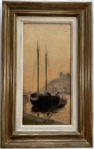 English School oil on board, harbour scene, 34.5cm x 16.5cm, framed