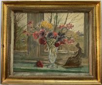 English School, 20th century oil on canvas, Still life of flowers by a window, 39cm x 49cm, gilt fra