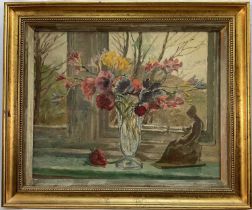 English School, 20th century oil on canvas, Still life of flowers by a window, 39cm x 49cm, gilt fra