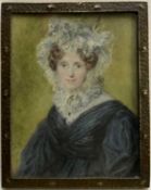 After John Linnell miniature watercolour portrait of Mrs Ann Hawkins, 9.5cm x 7.5cm, glazed frame