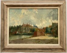 Dutch school, 20th century oil on board, Canal scene, signed indistinctly lower right, 32cm x 45cm,
