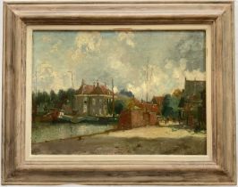 Dutch school, 20th century oil on board, Canal scene, signed indistinctly lower right, 32cm x 45cm,