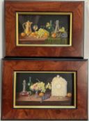 Enid Clarke RMS (1919-2020) pair of miniature oils on panel depicting still life with decanters and