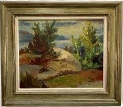 Omar Kvalvaag (Norwegian, 1909-1997) oil on board, Fjord landscape, signed and dated '75, 37cm x 45c