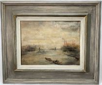 English School, 20th century, oil on board, Battersea Power Station in early morning fog, indistinct