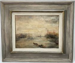 English School, 20th century, oil on board, Battersea Power Station in early morning fog, indistinct