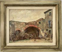 Eastern European school, oil on canvas, Farmstead, signed Ghilchick, 34cm x 44cm, framed