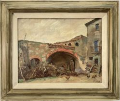 Eastern European school, oil on canvas, Farmstead, signed Ghilchick, 34cm x 44cm, framed
