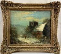 Harry Foster Newey (1858-1933) oil on panel, Church in winter, 15.5cm x 19cm, gilt frame