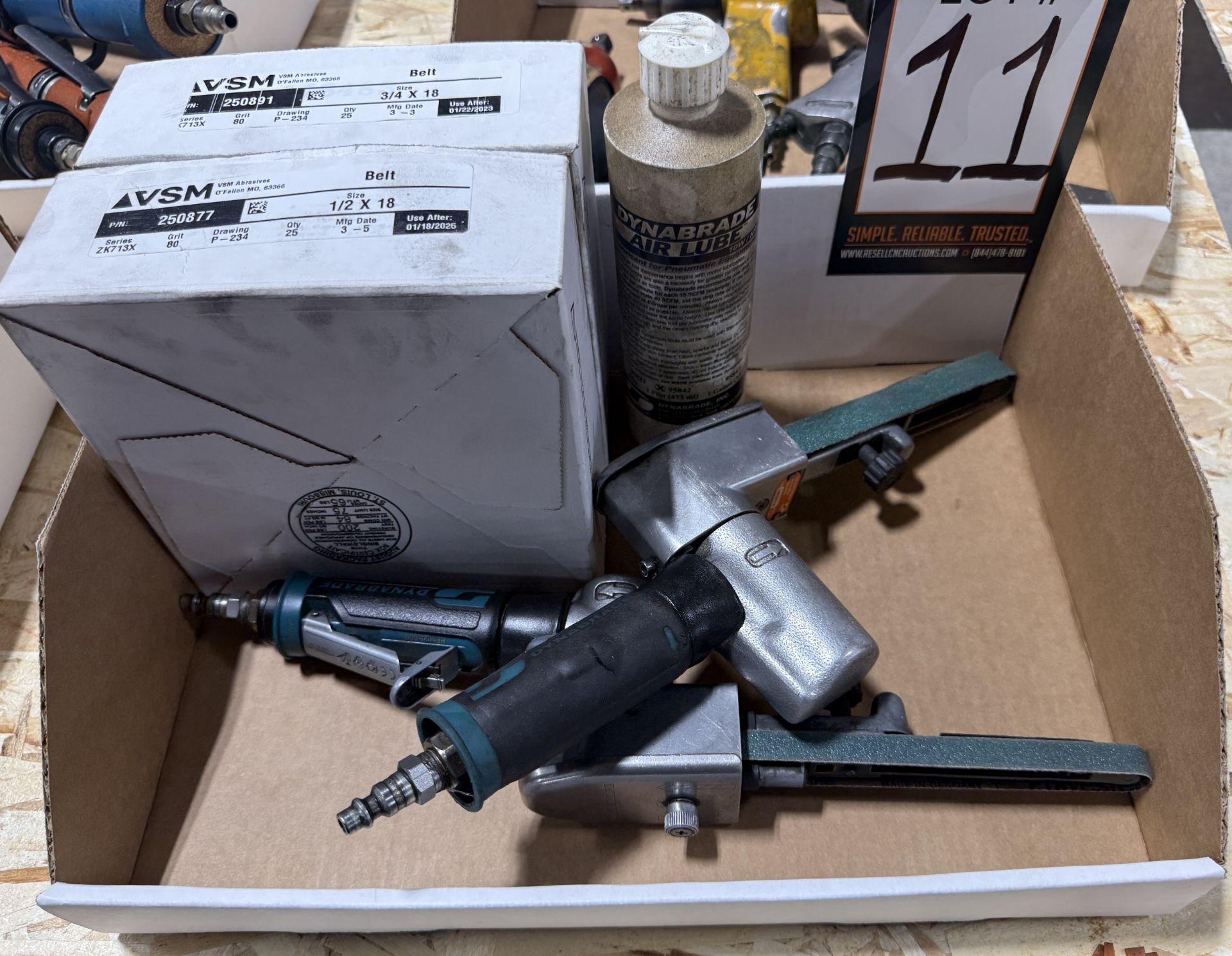 (2) Pneumatic Dyna Brake Belt Sander, Belts New In Box, and Air Lube Bottle