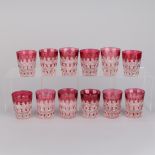 12 Bohemian Cranberry Cut-to-Clear Glass Tumblers