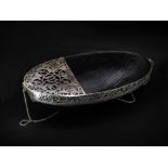 Fine Persian Silver-Mounted Coco de Mer Kashkul (Begging Bowl) with Islamic Calligraphy.