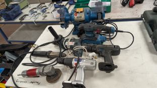 Large Quantity of Hand Power Tools. This lot comprises Clarke Bench Grinder, Erbauer Sander, Drills