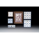 Six blue, white and manganese Dutch Delft tile panels, 18th C.