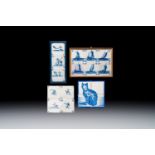 17 blue and white Dutch Delft tiles with sea monsters, ships, a cat and various figures, 17th C. and