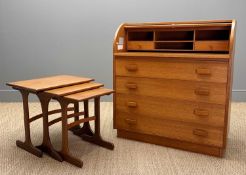 MID-CENTURY TEAK ROLL TOP BUREAU, fitted interior, slide-out writing top, four drawers below, 100 (