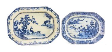 TWO 18TH CENTURY CHINESE EXPORT BLUE & WHITE PORCELAIN DISHES, comprising a willow pattern meat