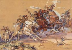 VIKTOR MARKIANOVICH SAVIN (Russian, 1907-1971) gouache - Cavalry charge, signed, 36 x 53cms