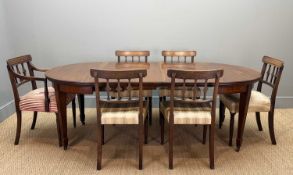 LATE GEORGIAN MAHOGANY D-END EXTENDING DINING TABLE & CHAIRS, table top with reeded edge, inlay
