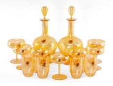 WELSH DRAGON ARMORIAL ORANGE LUSTRE GLASSWARE, probably Bohemia, a part suite, each with dragon