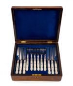 CASED 19TH CENTURY SET OF EPNS. MOTHER OF PEARL FRUIT KNIVES & FORKS, Aaron Hatfield & Sons, handles