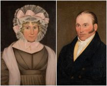 19TH CENTURY ENGLISH SCHOOL oil on canvas, a pair - half-portraits of a gentleman and lady, both