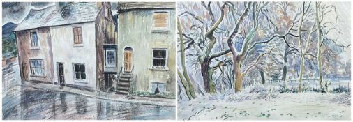 EDGAR HOLLOWAY watercolours - entitled verso, 'Wet Day, Keymer', signed and dated 1982, 39 x 57cms
