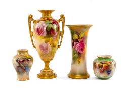 FOUR WORCESTER VASES, comprising Royal Worcester shape 1481 twin-handled vase, painted with roses,