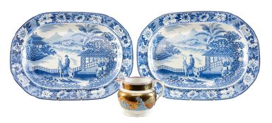TWO RARE STAFFORDSHIRE BLUE & WHITE MEAT PLATTERS 'Departing Traveller' pattern, 52 x 38cms,