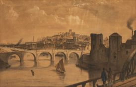 JAMES FLEWITT MULLOCK (1818-1892) hand coloured etching - figures standing on Town Bridge, Usk, near