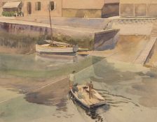 ‡ GEORGE RICHARD WOOLWAY (English 1879-1961) watercolour - harbour scene with approach, 21 x 28cms
