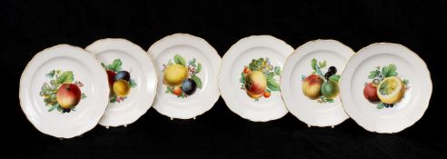 SET SIX MEISSEN PORCELAIN DISHES, each painted with a group of fruit, wavy gilt rims, blue crossed