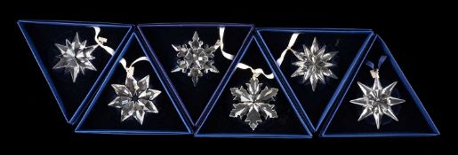 SIX SWAROVSKI CRYSTAL SNOWFLAKE CHRISTMAS ORNAMENTS, 2009 983702, 2011 1092037, 2013 5004489, 2014