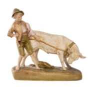 ROYAL DUX PORCELAIN FIGURE GROUP, no. 1494, of a young cowherd with calf, 7cms (h) Provenance: