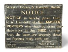 MERSEY DOCKS & HARBOUR BOARD MASTER PORTER'S NOTICE BOARD, issued by the Dock Office, dated 1895,