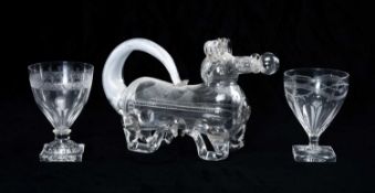 19TH CENTURY GLASS GIN PIG, with stopper, 26.5cms; and a Regency engraved glass rummer with lemon