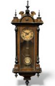 VINTAGE VIENNA STYLE MAHOGANY & EBONISED WALL CLOCK with painted dial, 93 (h) x 34 (w) x 16cms (d)