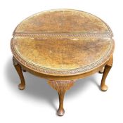 PAIR OF REPRODUCTION BURR WALNUT HALF MOON SIDE TABLES, with carved and cabriole supports, 43 (h)