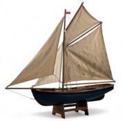 SCRATCH BUILT SCALE MODEL OF A SINGLE-MASTED SAILING BOAT, blue painted hull, on stand, 53 (h) x