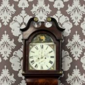 GOOD QUALITY 19TH CENTURY MAHOGANY LONGCASE CLOCK, hood with swan neck pediment, turned columns