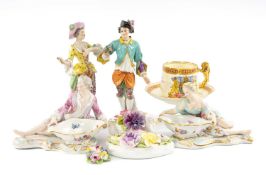 PAIR OF MEISSEN FIGURAL SALTS, each with scored underglaze blue cross swords marks (lady's foot