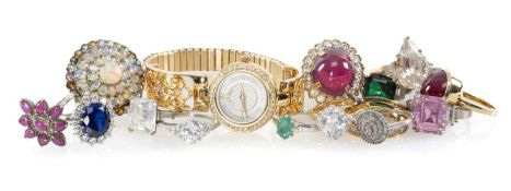 ASSORTMENT OF DECORATIVE RINGS, by TRU, mostly silver gilt with synthetic stones, together with a