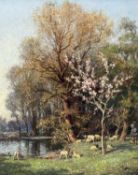 WILLIAM KAY BLACKLOCK (British, 1872-1924) oil on canvas - sheep, lambs, and shepherd by lake,